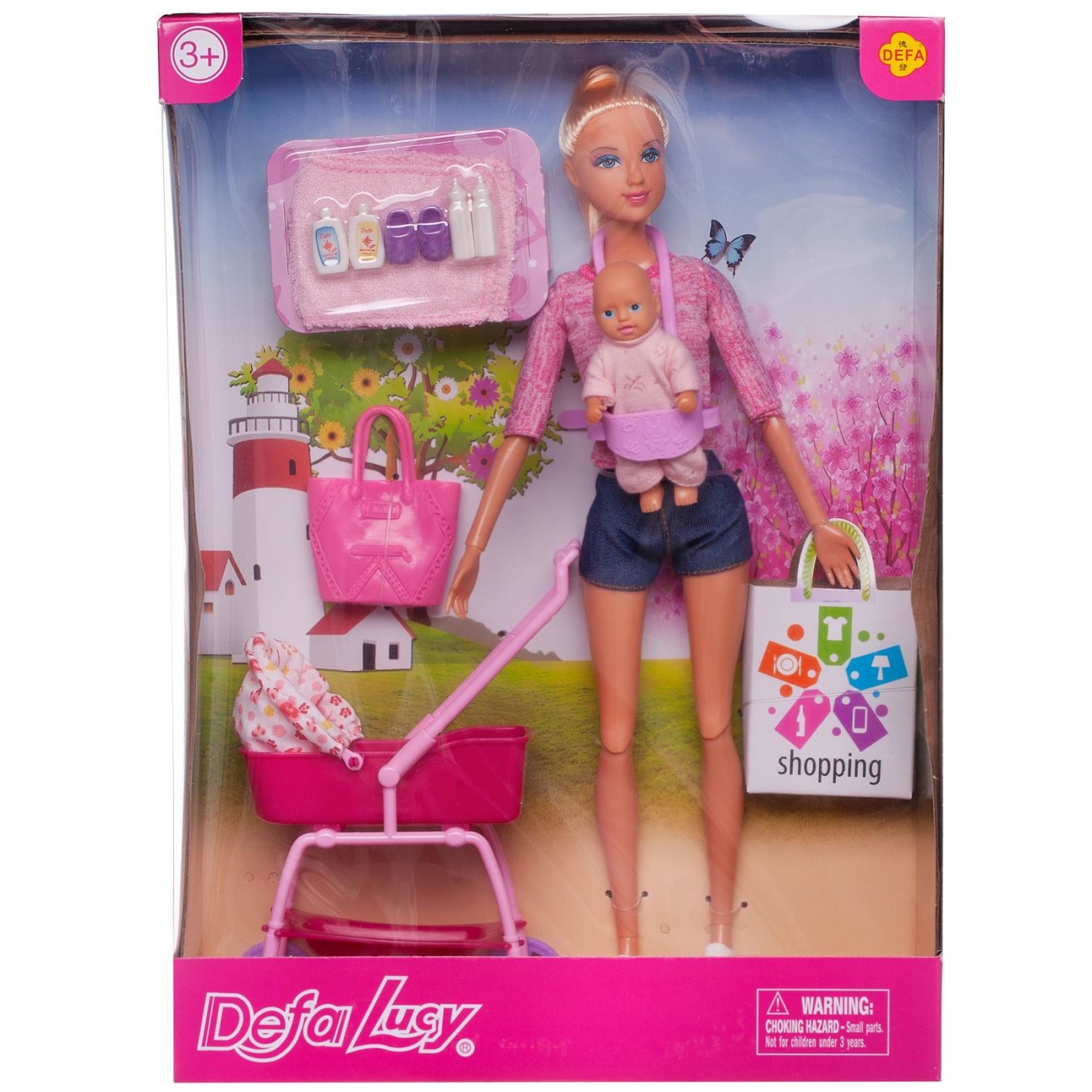 Кукла Defa Lucy Молодая мама в розовой кофте, ребенок, коляска и игровые предметы, 29 см 8380d/розовая