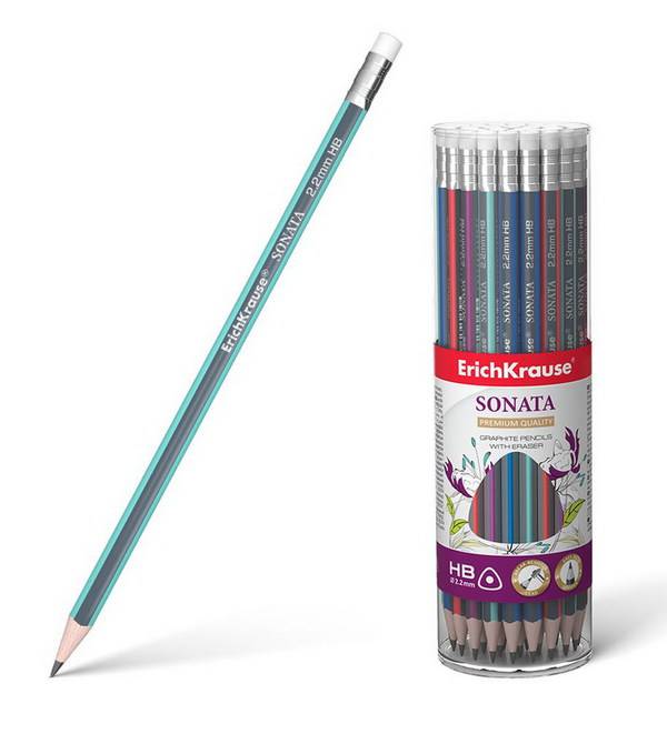 Карандаш чернографитный трехгранный с ластиком Sonata HB, 1 шт, ErichKrause 45617EK