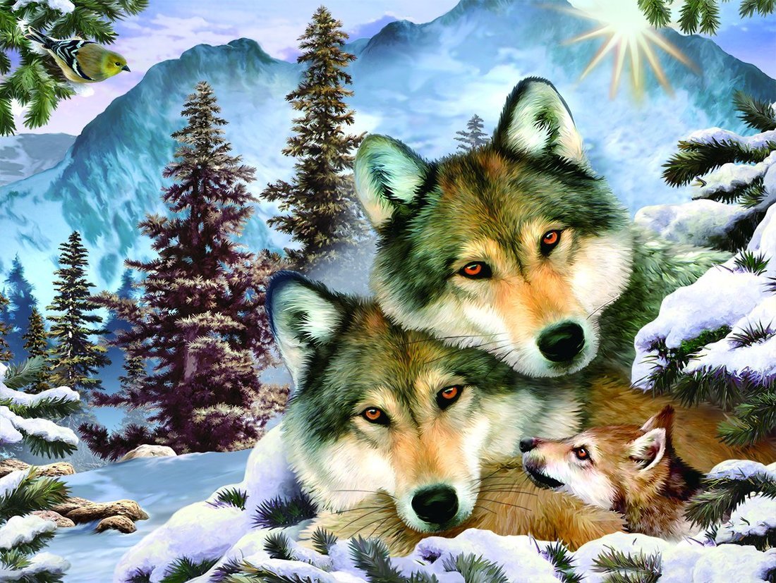 Алмазная мозаика 100 на 100. Волчья семья. Волчья семья с волчатами. Волк волчица Волчонок семья. Волки семья.