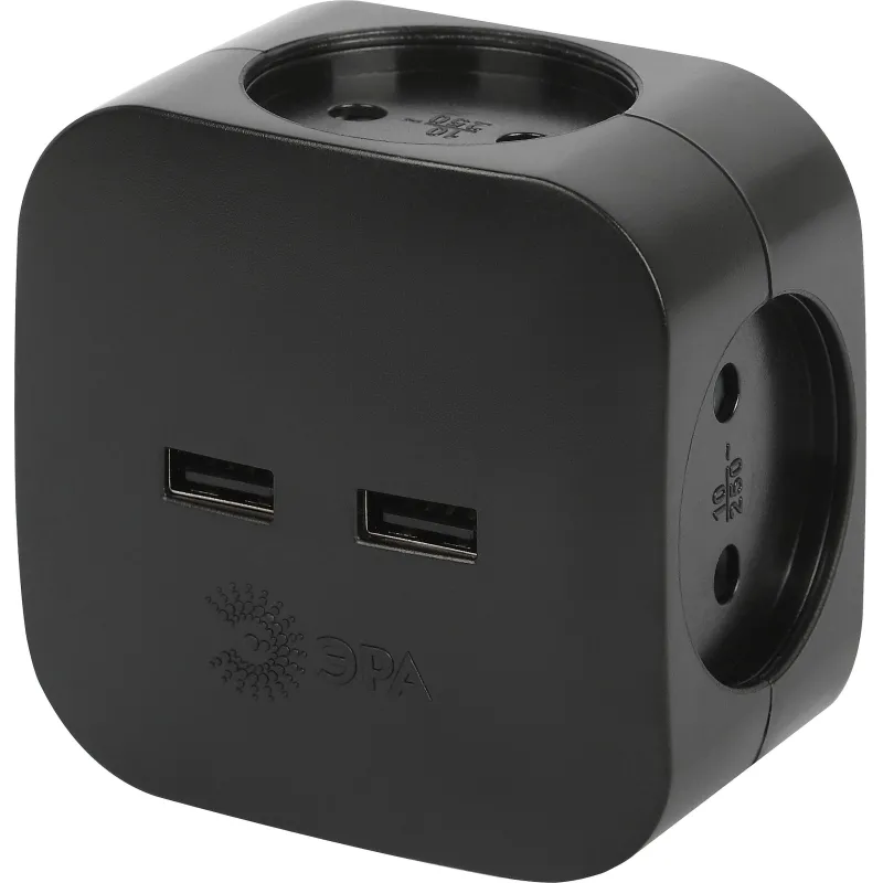 Разветвитель ЭРА SP-4-USB-B (4р 220V + 2xUSB 2400mA/без заземл/10А, черный) 2123838