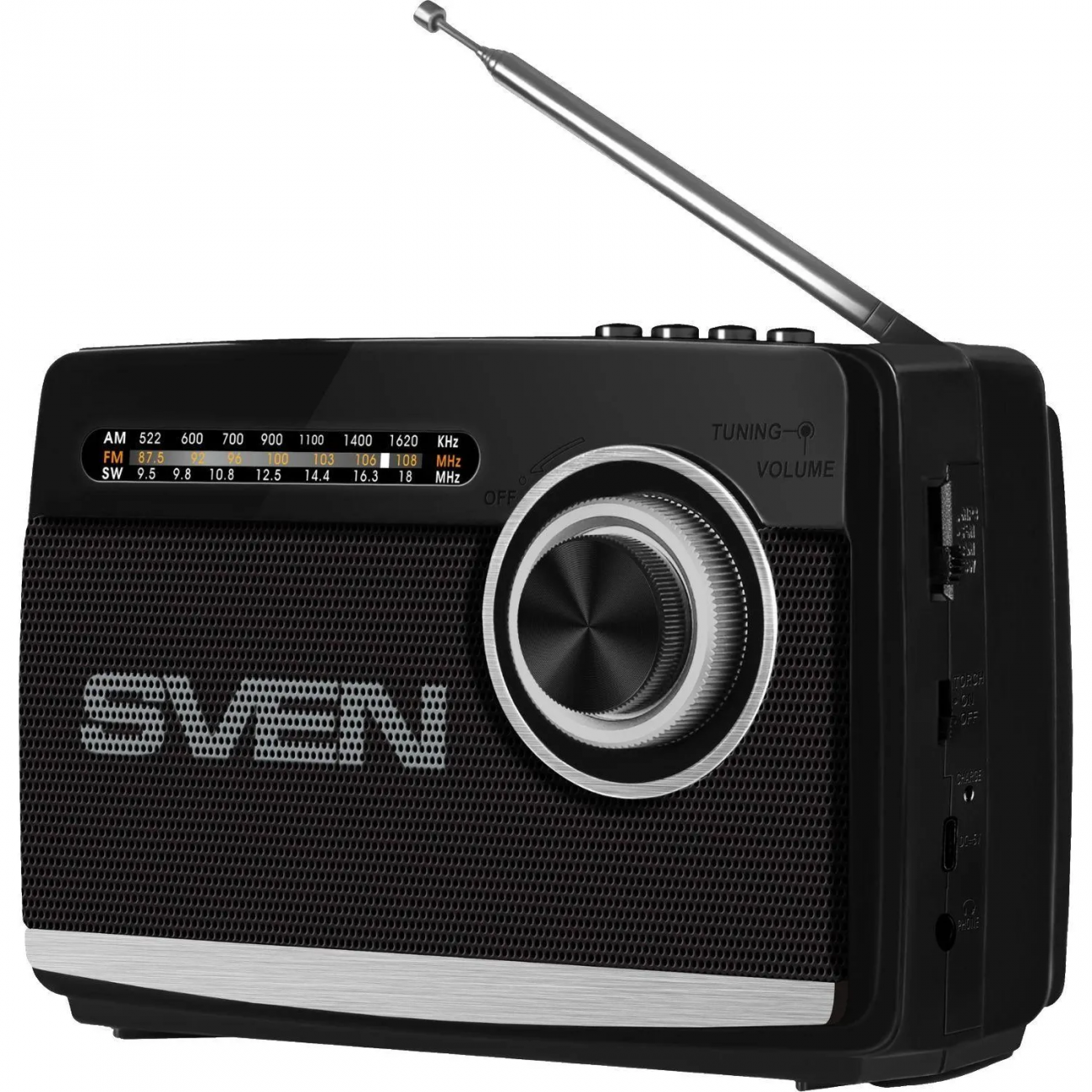 Радиоприемник Sven SRP-155, чёрный, BT/FM/AM/SW/USB/microSD, фонарь, аккум 2321020 SV-022716