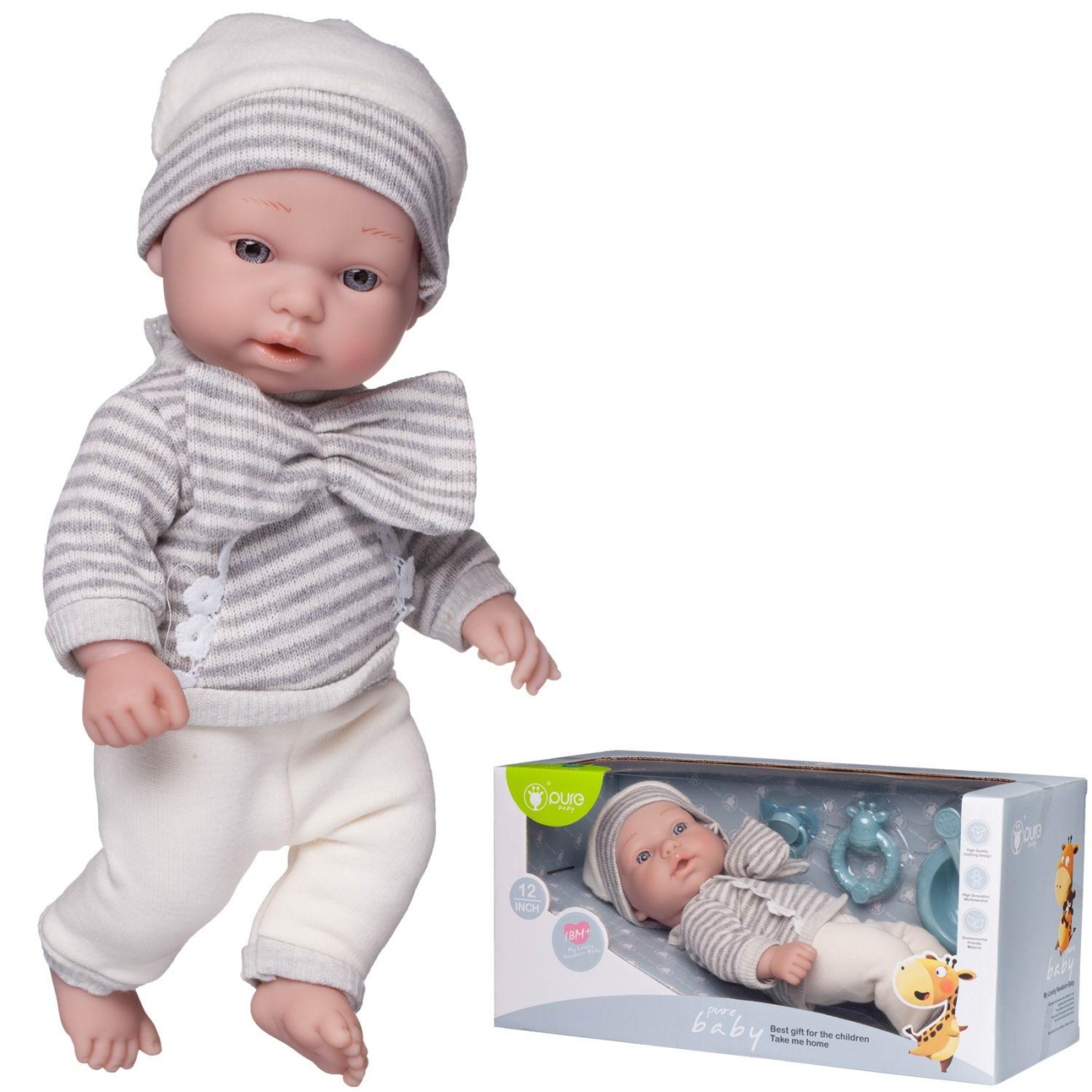 Пупс Junfa Pure Baby в вязаных полосатой серо-белой кофточке с бантом, с аксесс. 30см WJ-22514