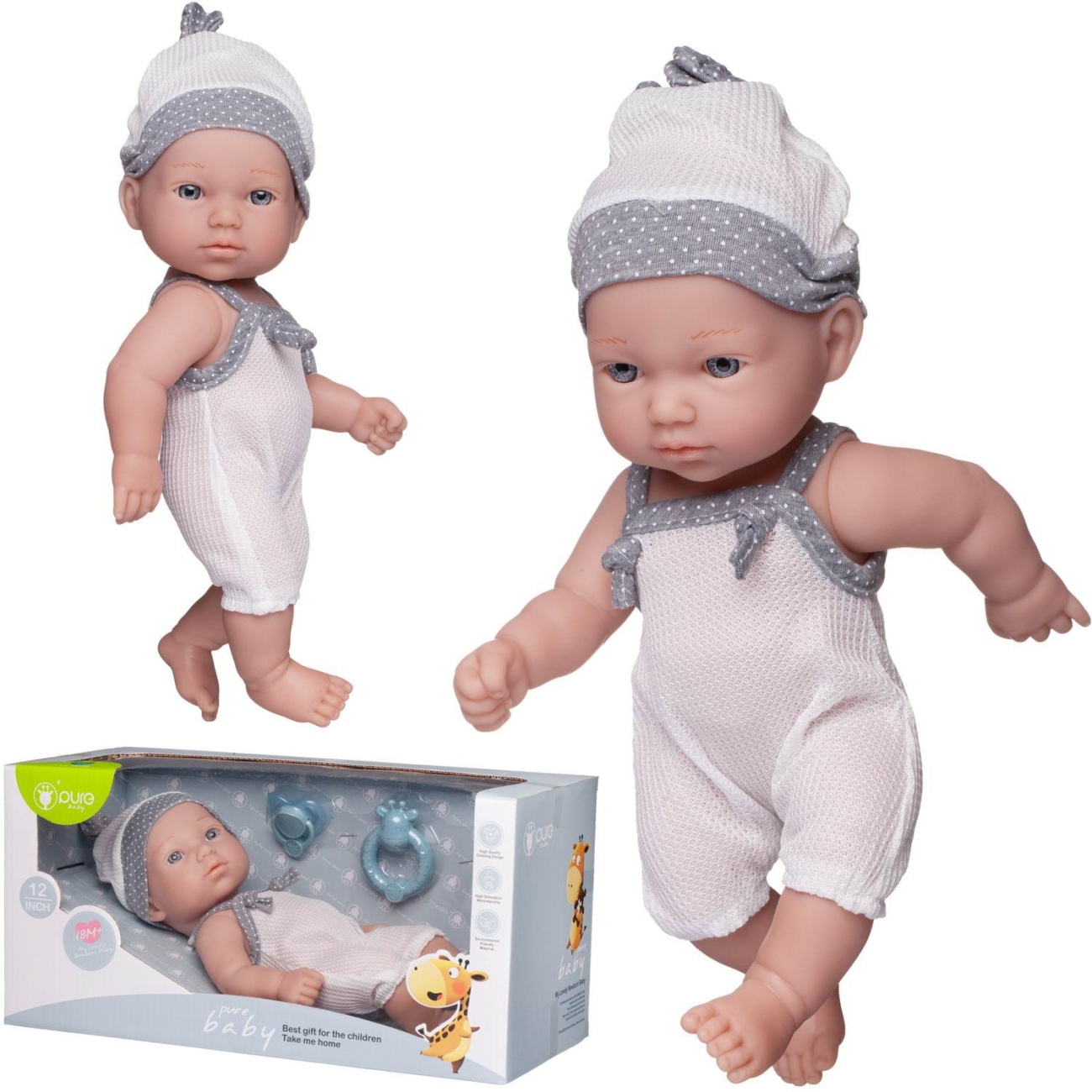 Пупс Junfa Pure Baby в белых с серыми вставками песочнике и шапочке, 30см WJ-22515
