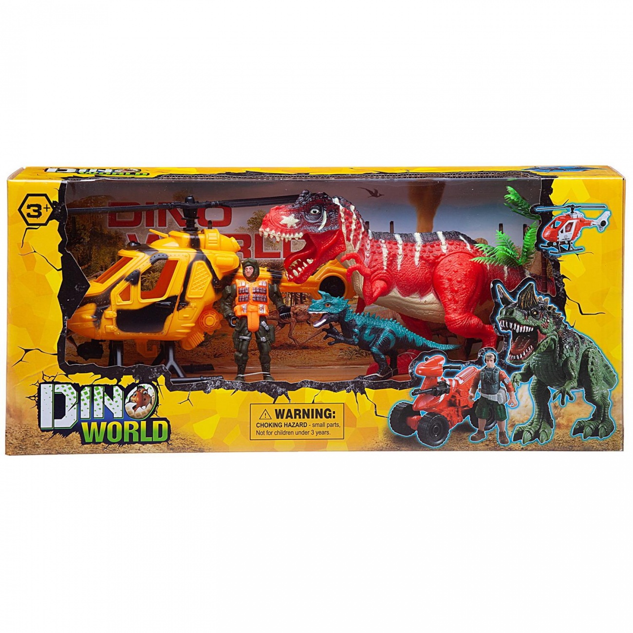 Игровой набор Junfa "Мир динозавров" (большой динозавр, маленький динозавр, вертолет, фигурка человека, аксесс.) WA-14217