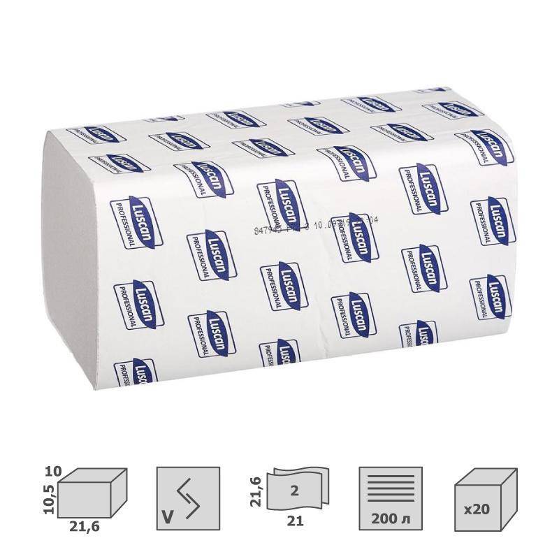 Полотенца бумажные лые Luscan Professional V-сложения 2-слойные 20 пачек по 200 л (арт.847945)