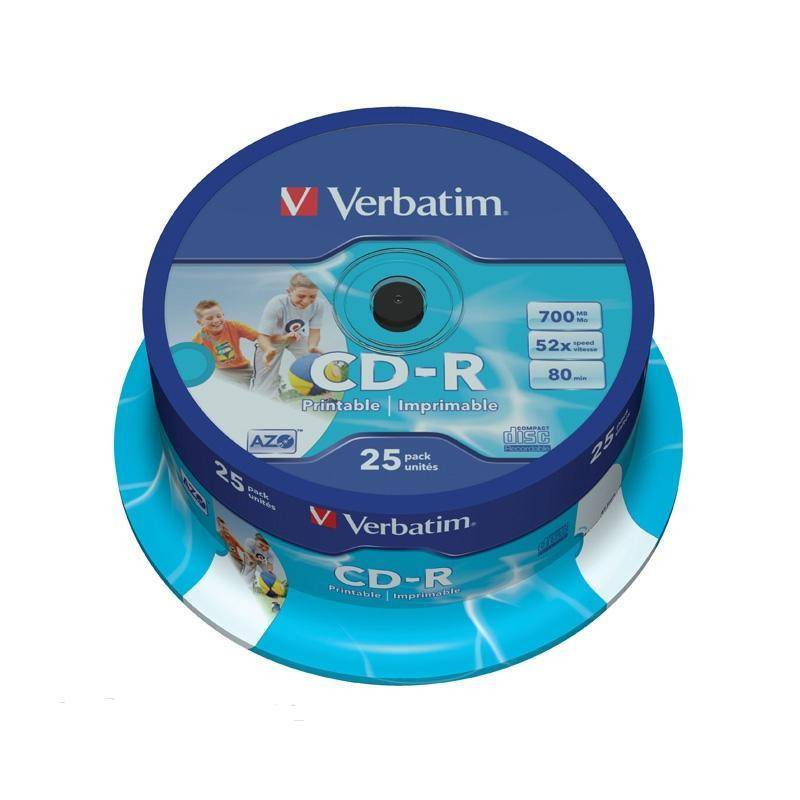 Носители информации CD-R Printable, 52x, Verbatim Azo Wide, Cake/25, 43439 159196