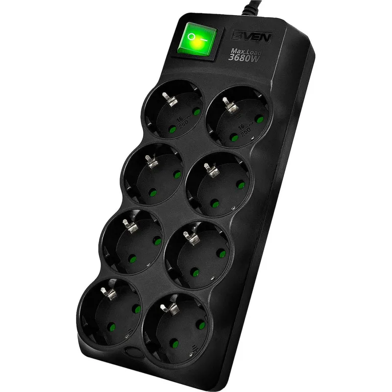 Сетевой фильтр SVEN SF-08E-16 1,8 м 8 розеток, 16А черный 2112411