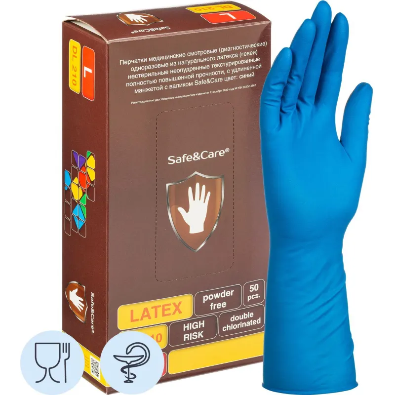 Перчатки латекс. н/с, н/о, S&C High Risk TL210/ DL210 (L)25пар/уп,ПС Safe and Care 1279103