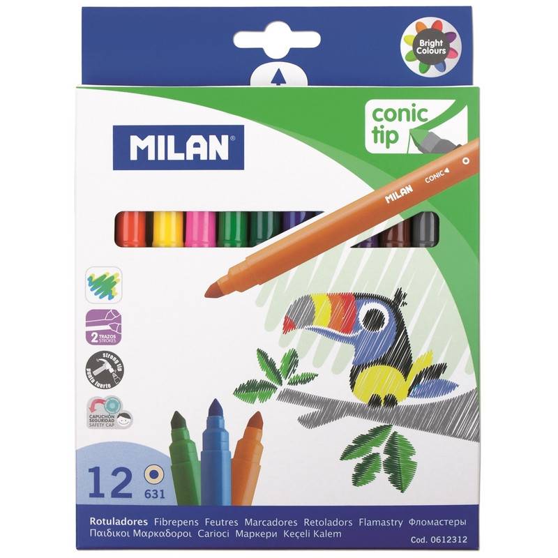 Фломастеры Milan Cone-Tipped 12 цветов с коническим стержнем 0612312 1110725