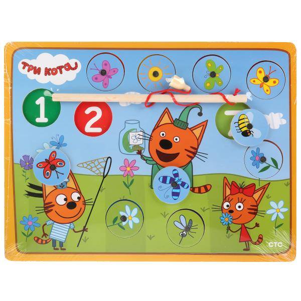 Игрушка деревянная "Три Кота" рыбалка "Ловим бабочек" Буратино игрушки из дерева 1020-CATS