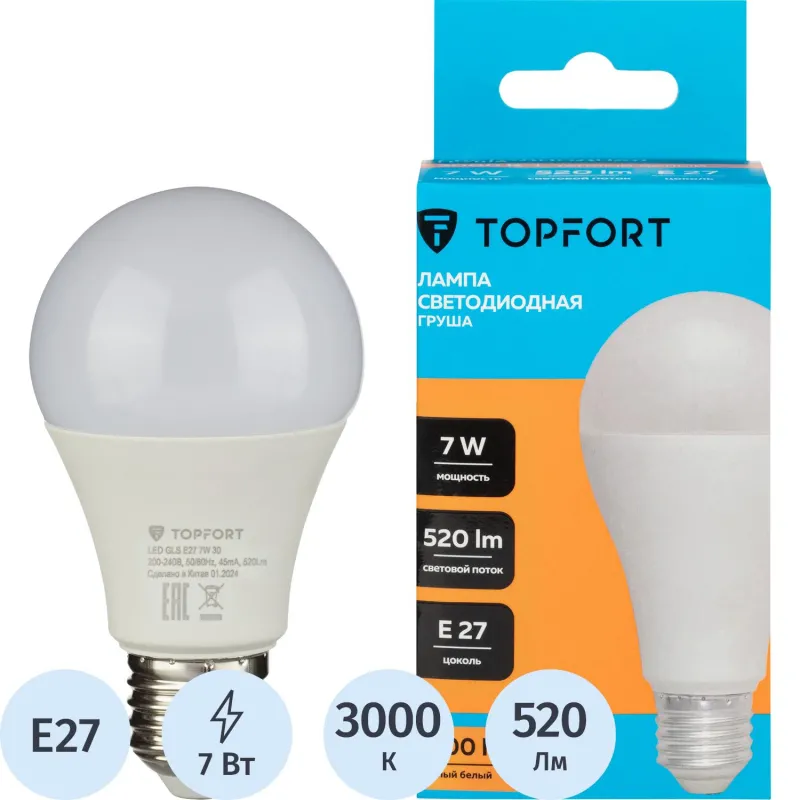 Лампа светодиодная Topfort E27 7W 3000K груша 1885103
