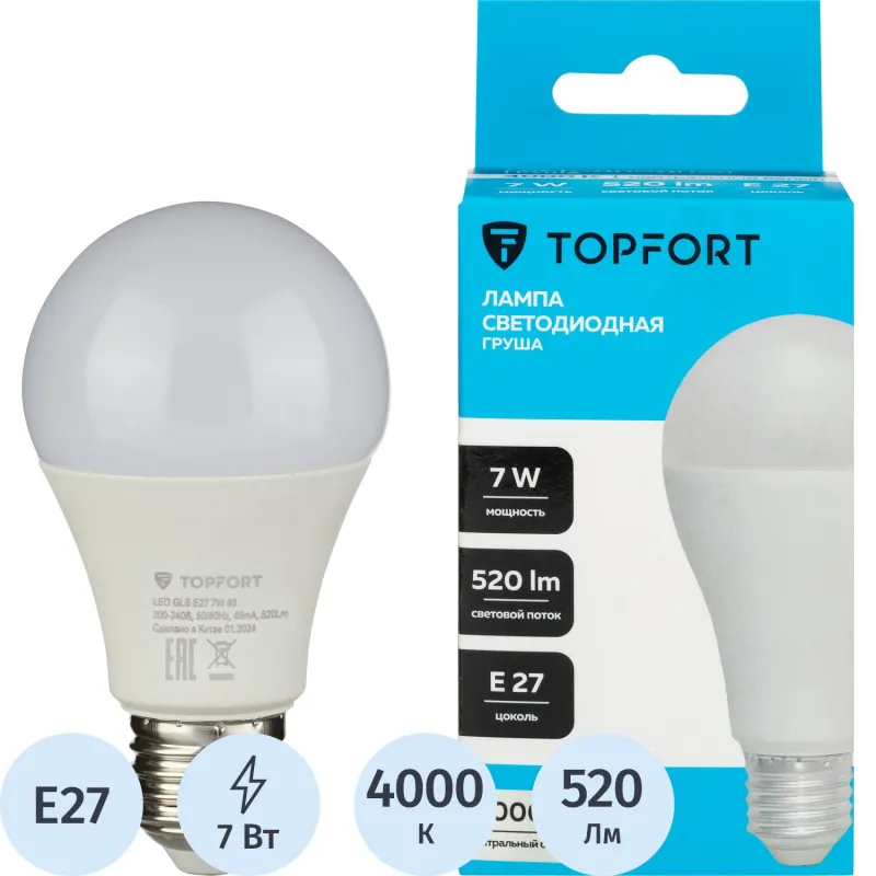 Лампа светодиодная Topfort E27 7W 4000K груша 1885105