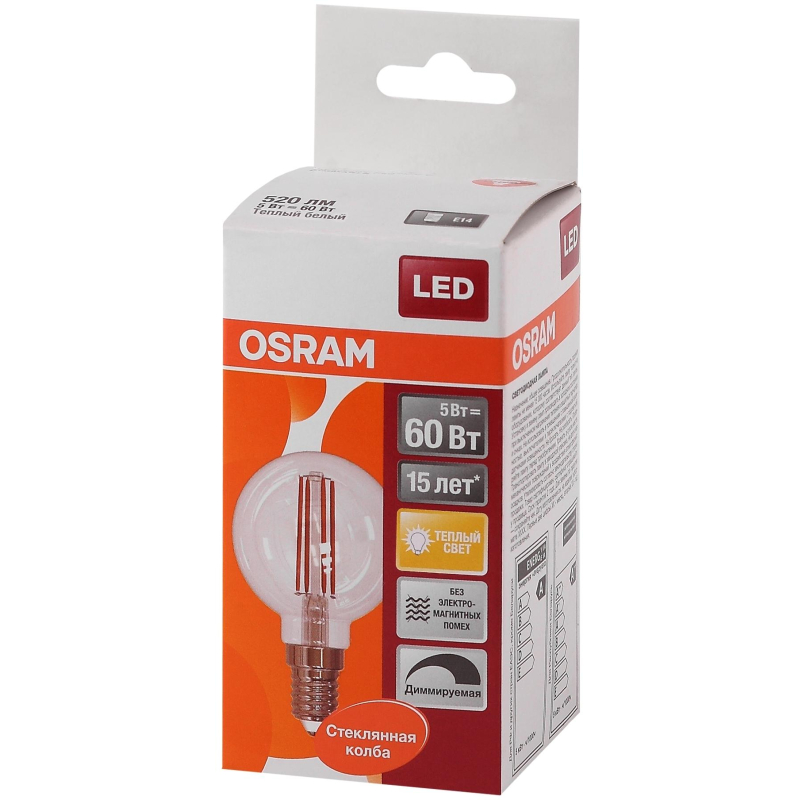 Лампа светодиодная OSRAM LSCLP60D 5W/827 230V FIL E14 FS1 1894996 4058075230415