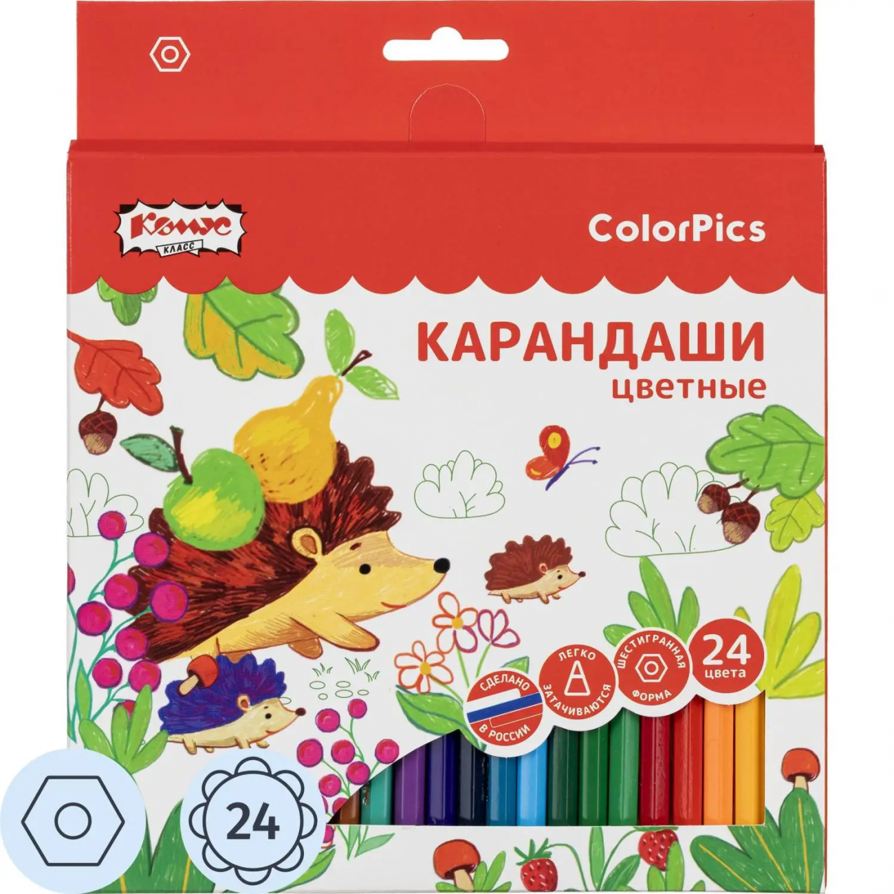 Карандаши цветные 24 цвета Комус Класс ColorPics, шестигранные 1781680