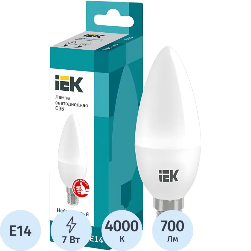 Лампа светодиодная Eco 7Вт C35 свеча 4000К E14 IEK LLE-C35-7-230-40-E14 2082398 459836