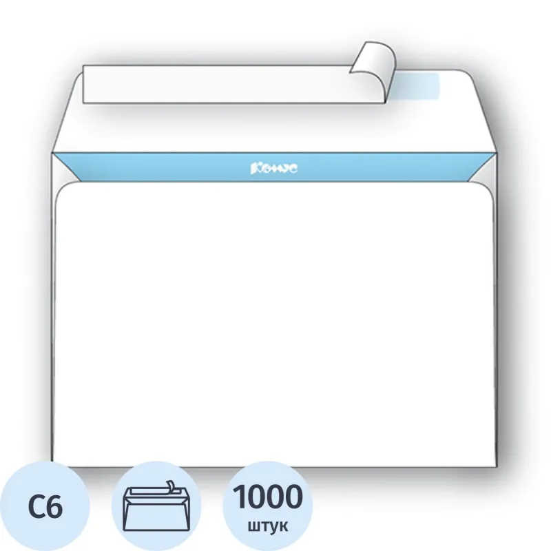 Конверт белый С6 стрип 114х162 80г КОМУС 1000шт/ уп 163085