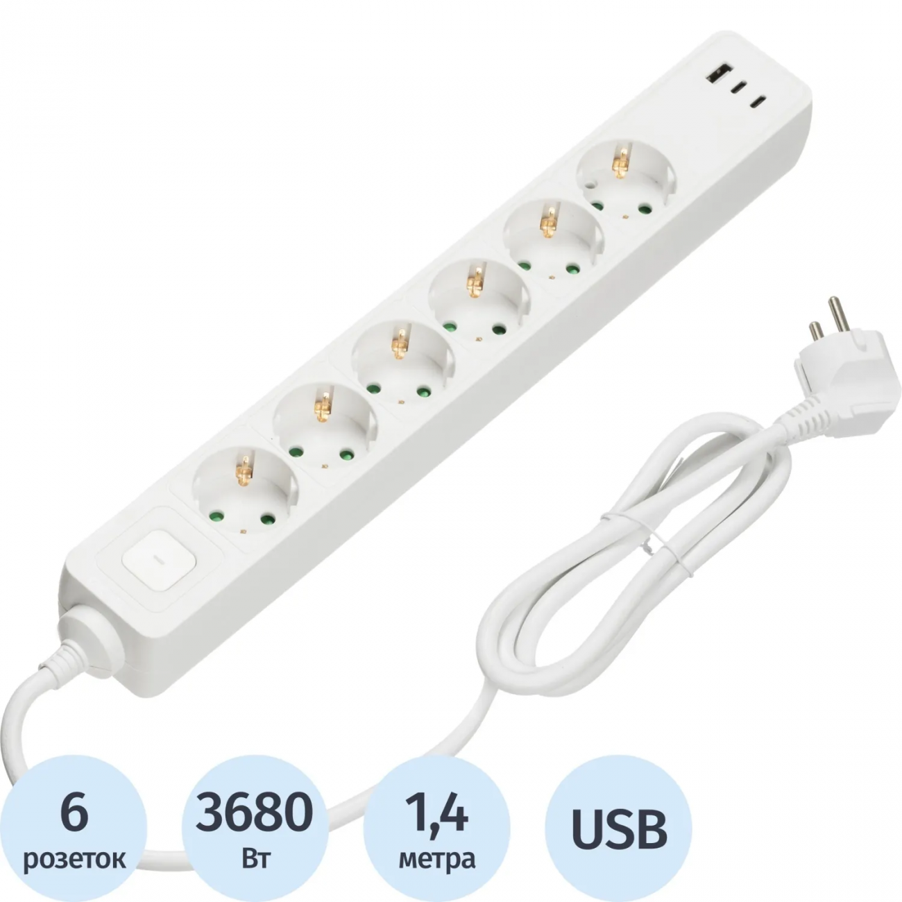 Сетевой фильтр BigTech CD6-1,4WU (6р/1,4м/USB-C/USB-A/16А/3680Вт белый) 1966683