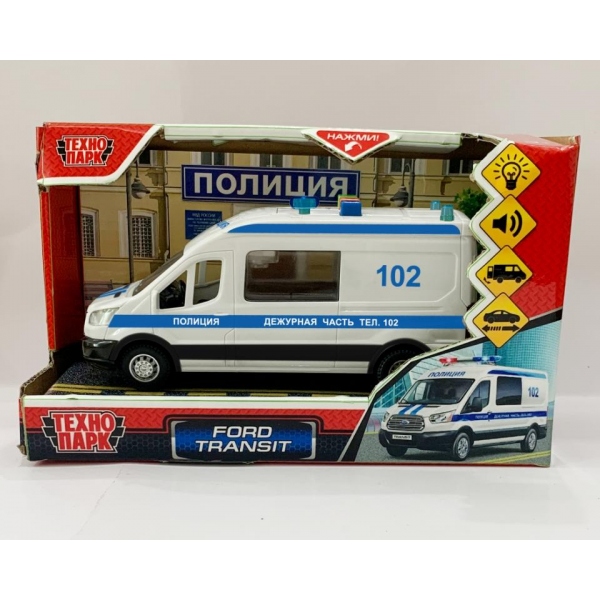 Машина свет-звук, Форд Транзит Полиция, 16 см. 3 кнопки Технопарк TRANSITVAN-16PLPOL-WH (72)