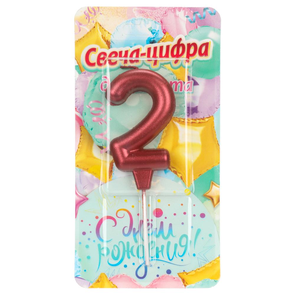 Свечи для торта цифра 2 красная металлик "С Днем Рождения" Чудо праздник CC-129150-HB