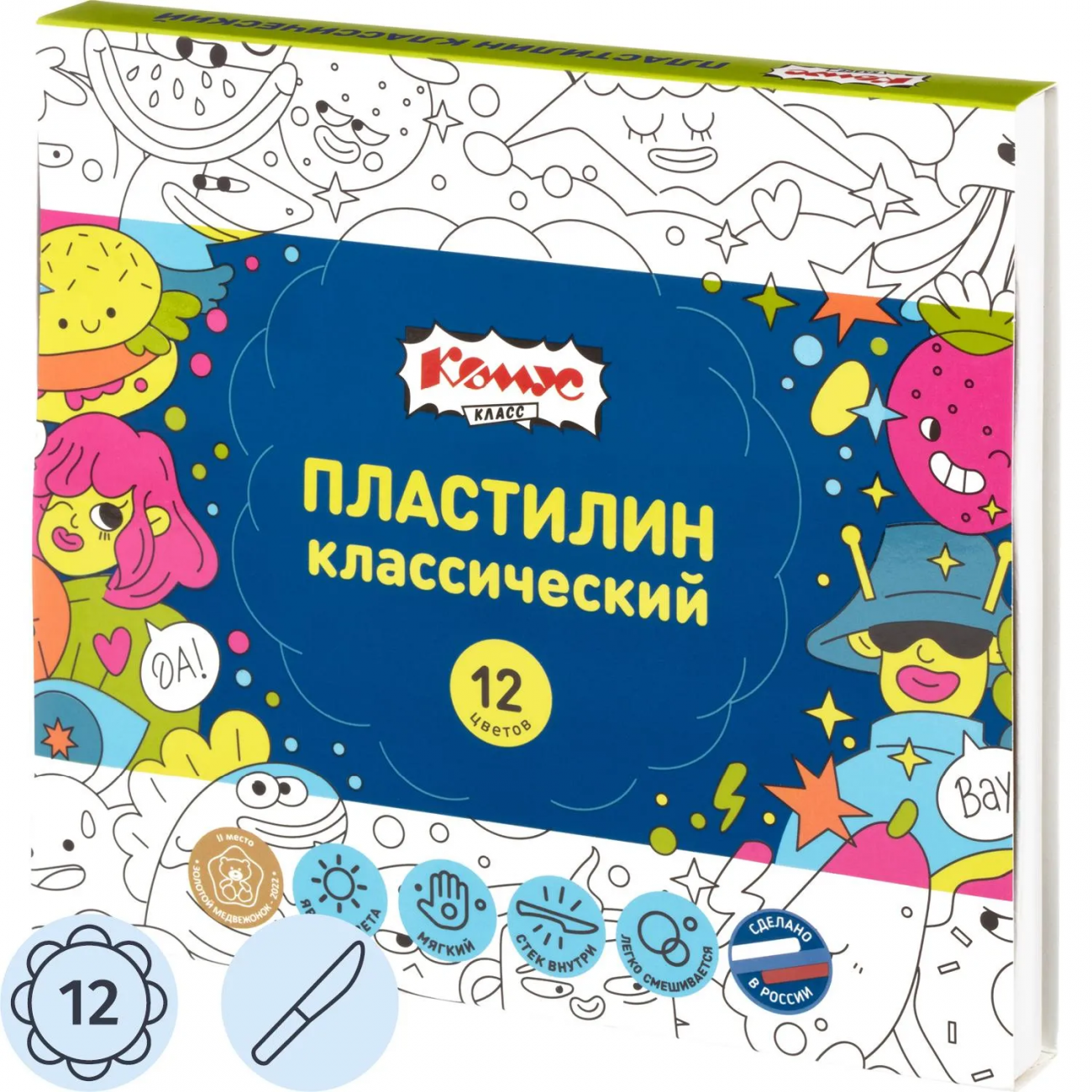 Пластилин классический Комус Класс Максики 12 цв/наб, 240г, со стеком 1947477
