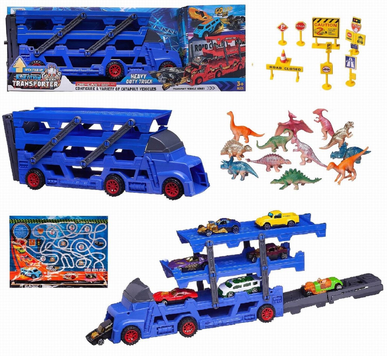 Машинка Junfa Автовоз-катапульта голубой с 8 машинками и 12 фигурками динозавров WT-10566/голубой