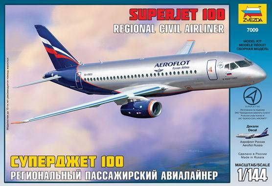Пассажирский авиалайнер Суперджет 100 1/144 сборная модель Звезда 7009з