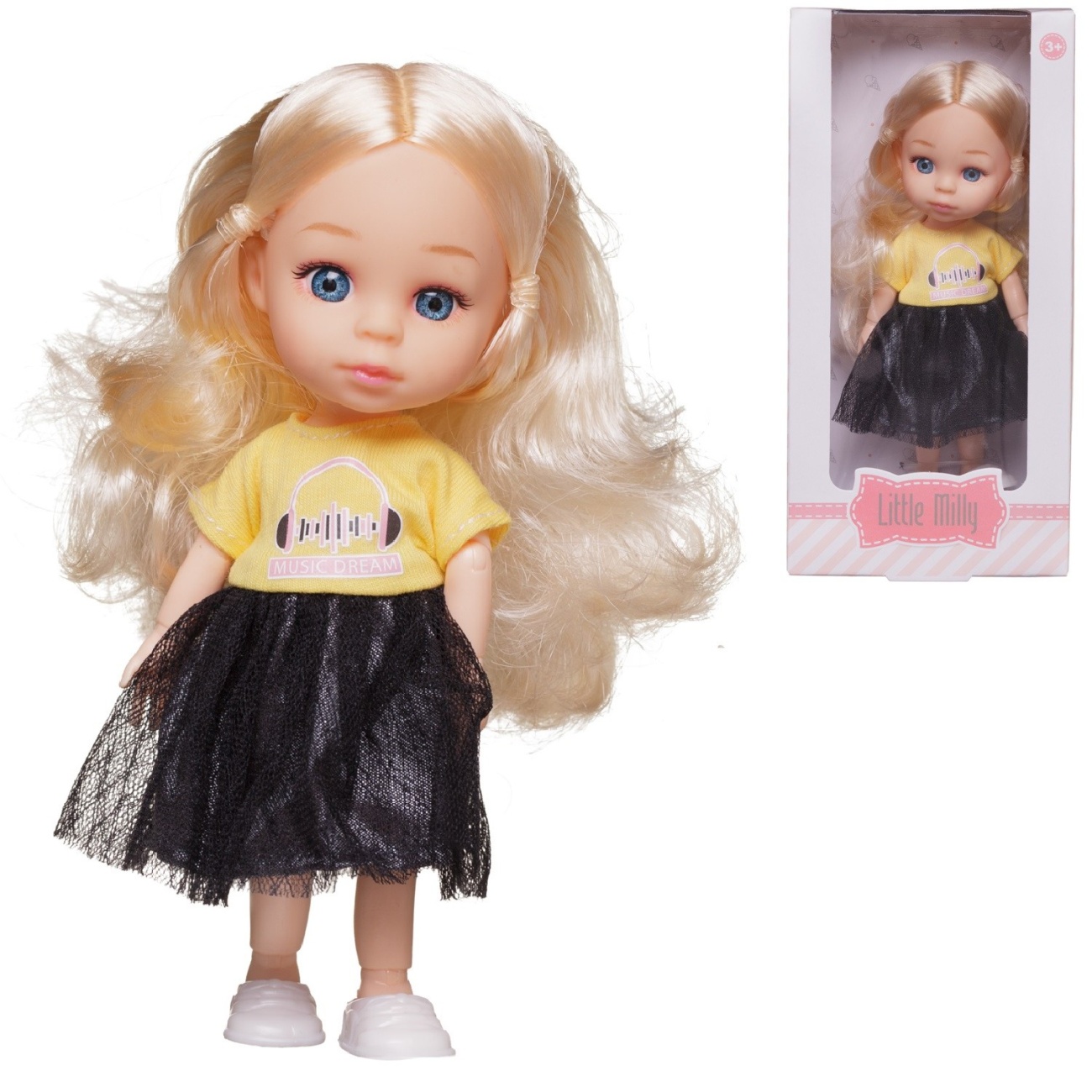 Кукла Junfa 16см Малышка-милашка в платье с желтым верхом и черным низом WJ-30324
