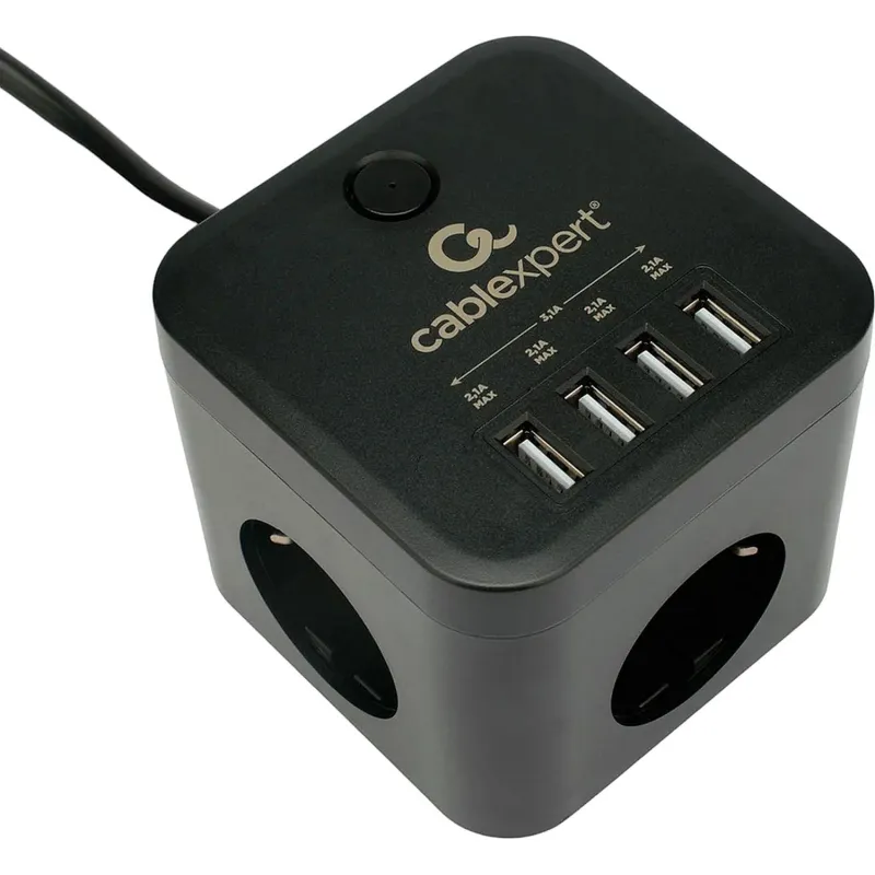 Сетевой фильтр Cablexpert Cube 3р/1,5м, 10А, 4хUSB, черный(CUBE-3-U4-B-1.5) 2161342