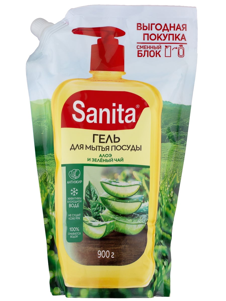 SANITA Средство для мытья посуды Алоэ и зеленый чай, дой-пак, 900 г 4602984022076