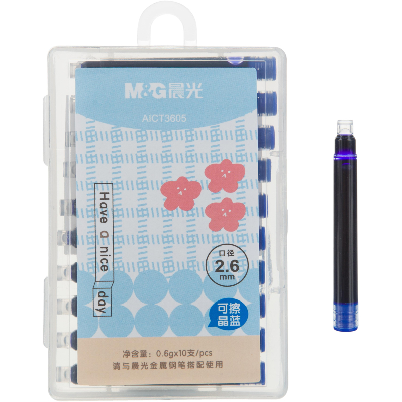Картридж чернильный для перьевой ручки M&G синий 0,6г x 10шт/уп, пласт.кейс 1749336