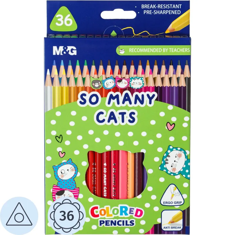 Карандаши цветные So Many Cats деревянные трехгранные, 36 цветов в наборе M&G 1775384 AWP343A3