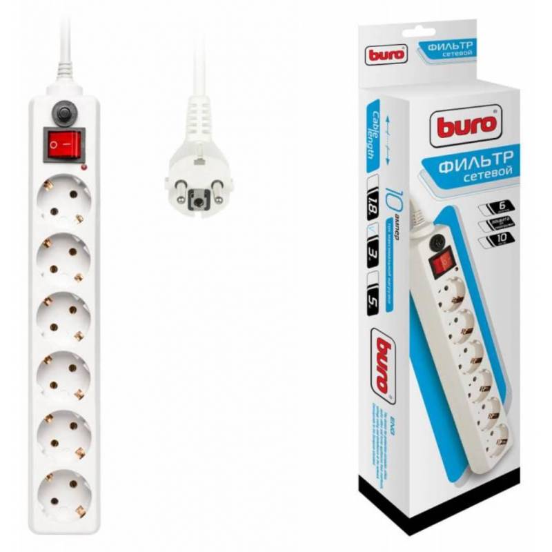 Сетевой фильтр Buro 600SH-1.8-W 1.8м (6 розеток) белый 1308165