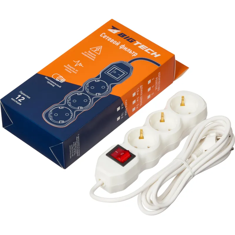 Сетевой фильтр BigTech ST310-3-W(3р/3м/10А/2,2кВт/3х0,75 мм2/белый) 2105949