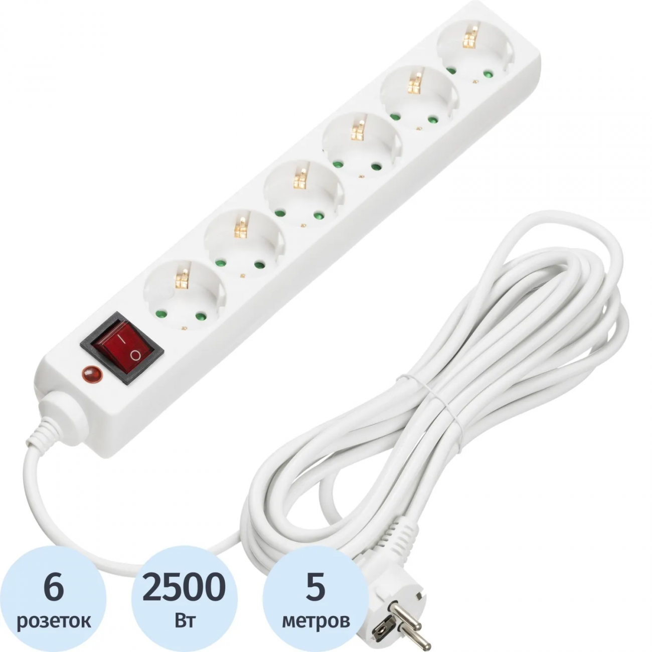 Сетевой фильтр BigTech CD6-5W1 (6р/5м/10А/2500Вт 1мм 2500Вт белый) 1966470