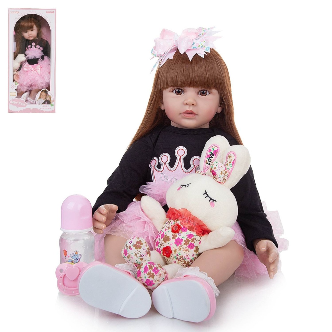 Кукла Junfa в темной толстовке и розовой юбке с плюшевым кроликом 60 см WJ-36046