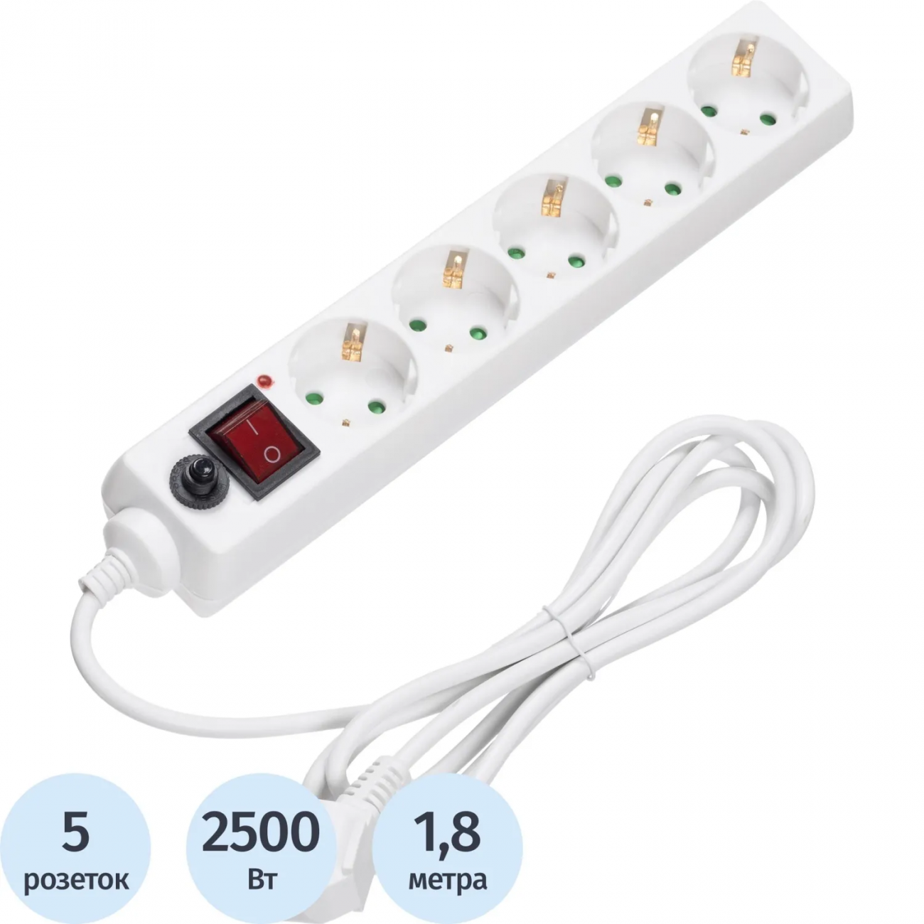 Сетевой фильтр BigTech CD5-1,8W75 (5р/1,8м/10А/2500Вт 0,75мм белый) 1966465