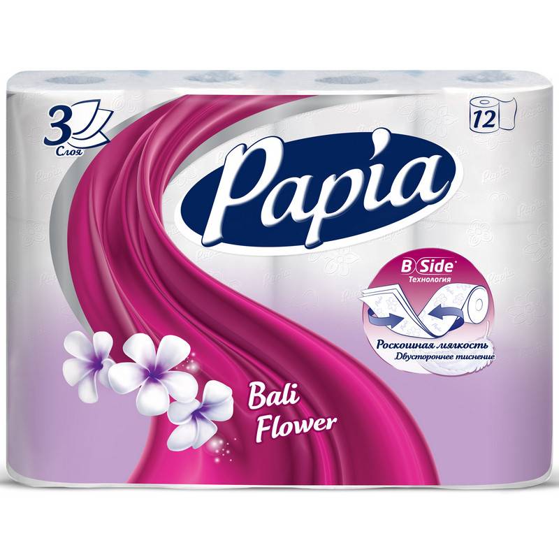 Бумага туалетная Papia Bali Flower 3-слойная белая с цветочным ароматом (12 рулонов в уп) 771590
