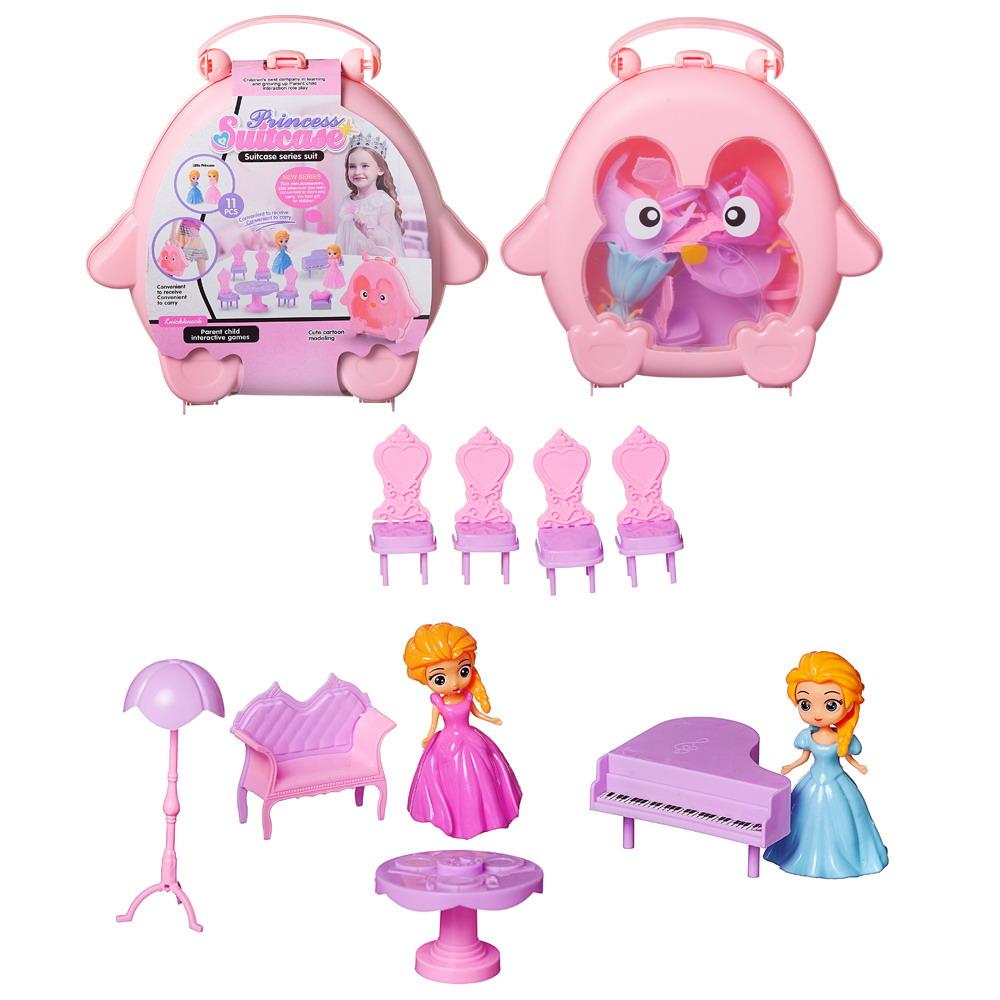 Игровой набор Junfa "Розовый совенок" Чемоданчик с 2 куколками и мебелью WK-15545