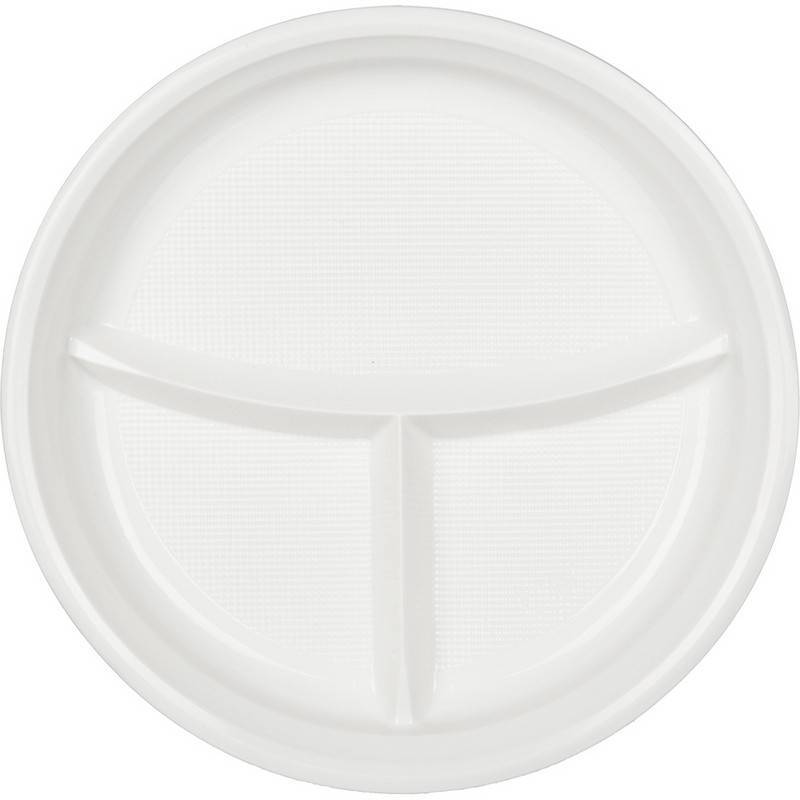 Тарелка одноразовая пластиковая 3-х секционная 220 мм белая 100 шт в уп Комус Стандарт 1092161