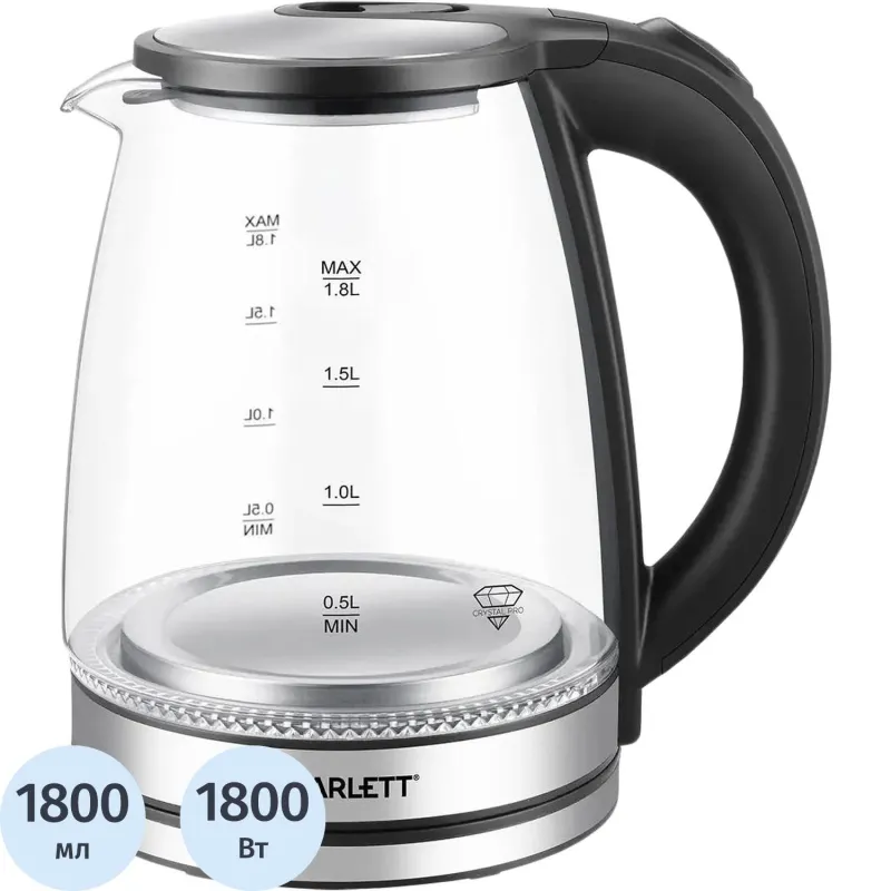Чайник SCARLETT SC-EK27G103, электрический, 1800Вт, 1.8л, стекло/сталь 2203153