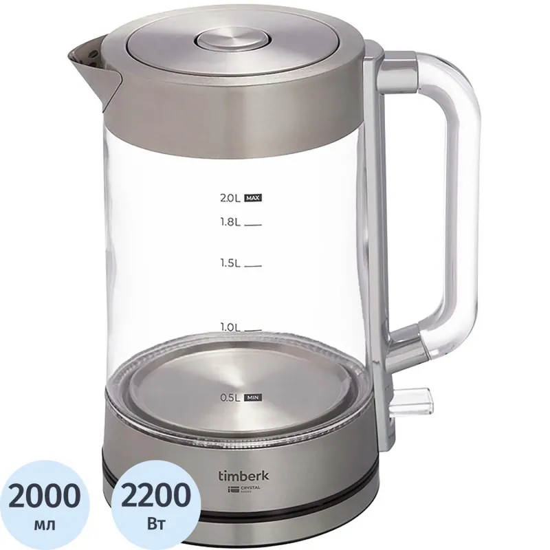Чайник электрический Timberk T-EK27G04, стекло, 2200Вт, 2л, белый 1986762