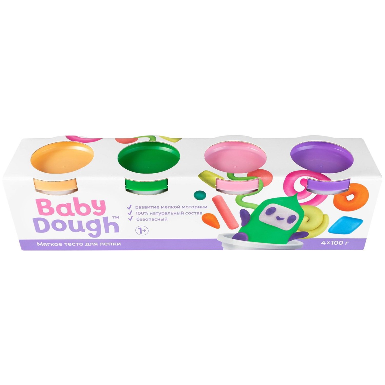 Тесто для лепки BabyDough 4 цвета (персиковый, нежно-розовый, зеленый, фиолетовый) №3 BD018