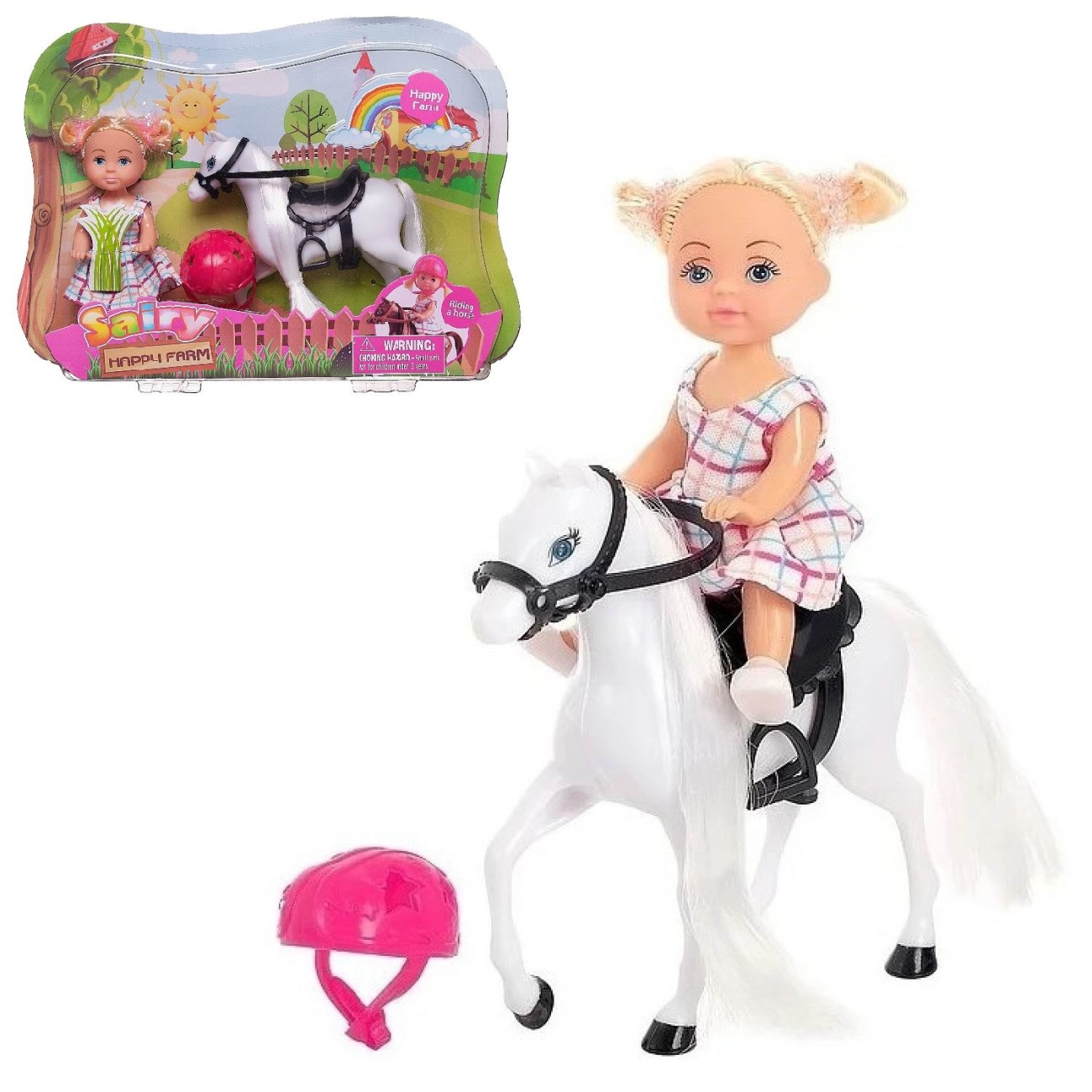 Кукла Defa Sairy Малышка-наездница, белая лошадка, шлем, высота куклы 11 см 8390d/белая