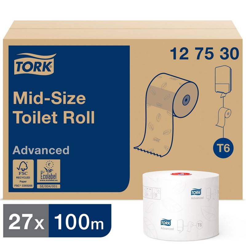 Бумага туалетная д/дисп Tork Mid-size Т6 Advanced 2сл бел 100м 27рул 127530 186717