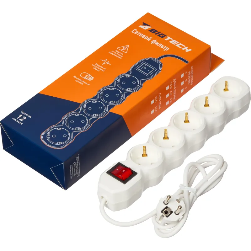 Сетевой фильтр BigTech ST516-1,5-W(5р/1,5м/16А/3,5кВт/3х1 мм2/белый) 2105957