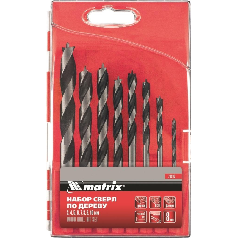 Набор сверл по дереву 3-4-5-6-7-8-9-10 мм 8шт Matrix 70285 1253324