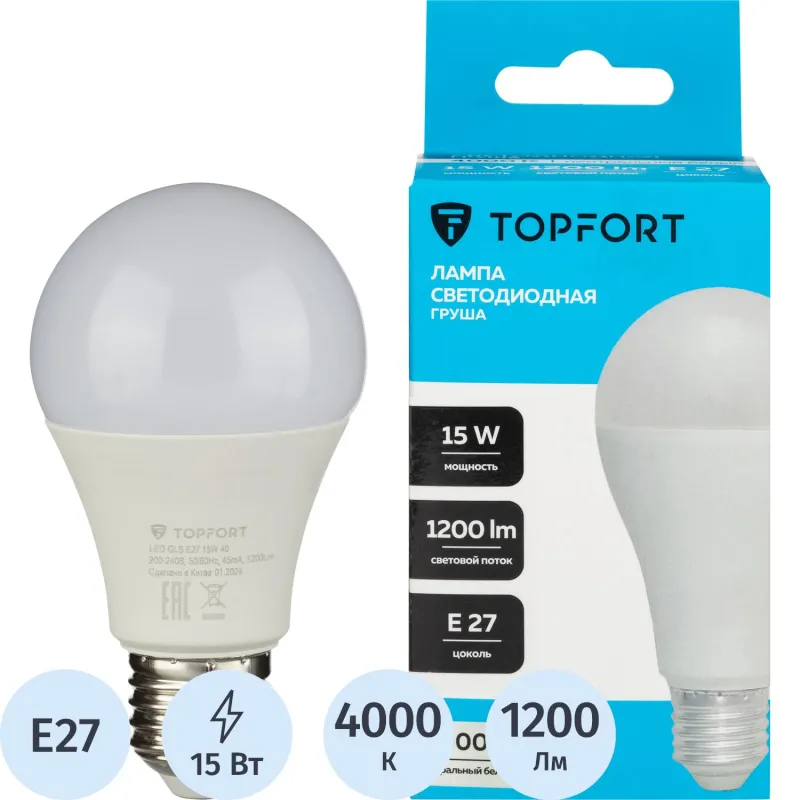Лампа светодиодная Topfort E27 15W 4000K груша 1885123