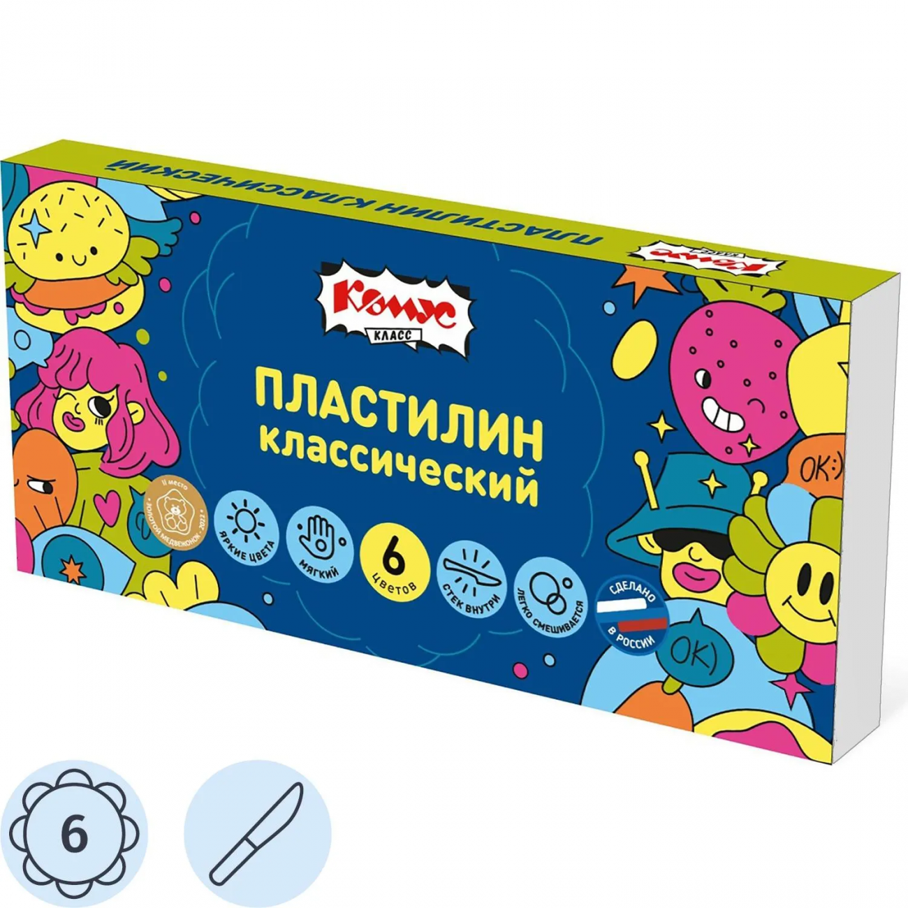 Пластилин классический Комус Класс Максики набор 6 цв 120 г, со стеком 1947475