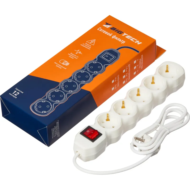 Сетевой фильтр BigTech ST510-1,5-W(5р/1,5м/10А/2,2кВт/3х0,75 мм2/белый) 2105951