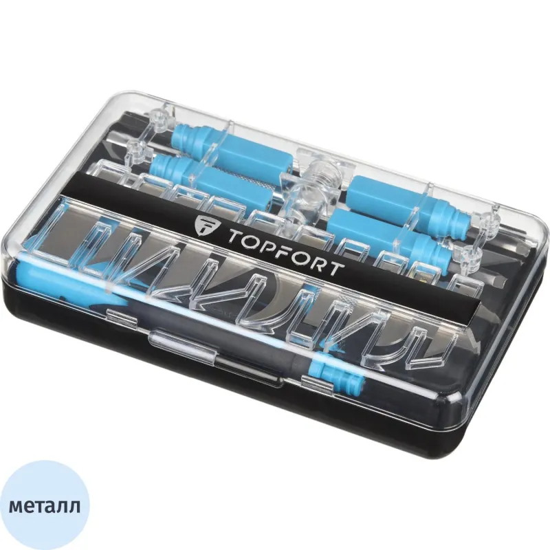 Нож макетный TOPFORT Набор 22поз:нож 4шт,смен.насад.4шт,14лез.раз.тип,бокс 1960444 SX004